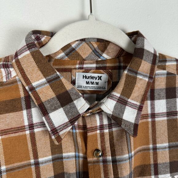 SOLD Hurley Mens Flannel Shirt Size M Plaid Logo Button Down Shirt Brown Tan - Picture 6 of 14